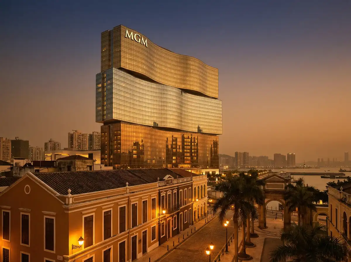 澳门美高梅酒店标志性波浪形建筑，代表 澳门博彩 业的艺术与创新